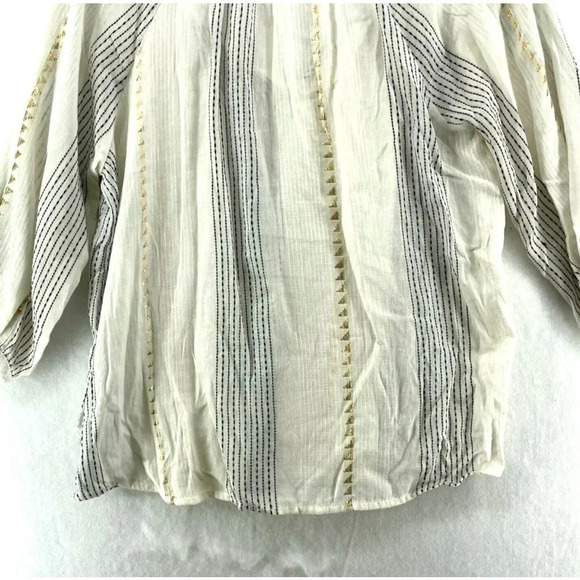 Lovestitch Blouse Women's Sz M Cream Striped Metallic Gold Puff Sleeves Tassel - Picture 11 of 12